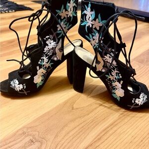 Wild Diva Black Floral Lace-Up Heels